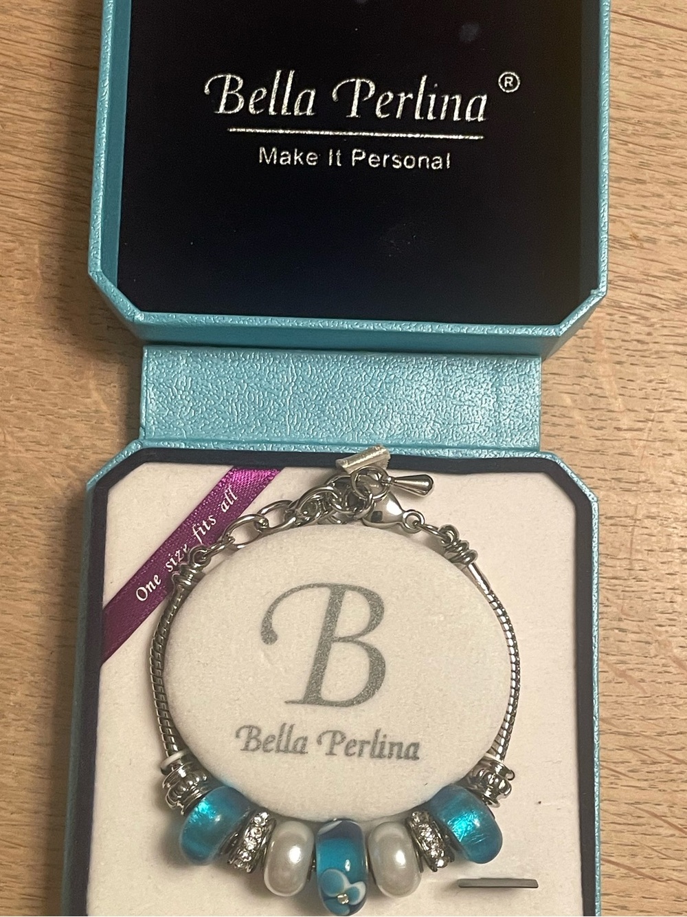 Bella Perlina Silver adjustable Bracelet with Turquoise Blue and Pearl Charms